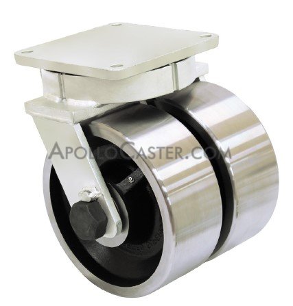 Dual Wheel Caster; Swivel; 6\" x 3\"; Forged Steel; Plate (6-1/4\"x7-1/2\": holes: 4-1/8\"x6\" slots to 4-1/2\"x6-1/8\"; 1/2\" bolt); Tapered Brng; 20000#; Kingpinless (Item #63118)