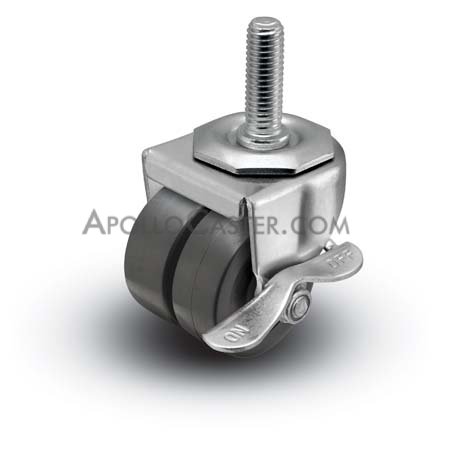 Caster; Dual Wheel; Swivel; 2\" x 7/8\" (x2); Rubber (Hard; Non-marking); Threaded Stem (3/8\"-16TPI x 1-1/2\"); Zinc; Plain bore; 225#; Side brake (Item #66814)