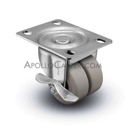 Caster; Dual Wheel; Swivel; 2\"x7/8\" (x2); Thermoplastized Rubber; Plate (2-5/8\"x3-3/4\"; holes: 1-3/4\"x2-3/4\" slots to 3\"; 5/16\" bolt); Plain bore; 180#; Brake (Item #67274)