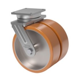 (image for) Caster; Swivel; 12" Dual 5" wheels; 95A PolyU on Steel; Plate (8-1/2"x8-1/2"; holes: 7"x7"; 5/8" bolt); Tapered Brng; 13000#; Brake; Swivel Lock; Kingpinless (Item #63544)