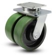 Caster; Dual Wheel; Swivel; 12" x 4" (x2) ; PolyU (HD) on Cast; Plate (8-1/2"x8-1/2"; holes: 7"x7"; 1045 Steel Rig; Sealed Prec Ball Brng; 13000#; Kingpinless (Item #65497)