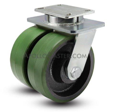 Caster; Dual Wheel; Swivel; 10\" x 3\" (x2); PolyU on Cast; Plate (5-1/4\"x7-1/4\"; holes: 3-3/8\"x5-1/4\" slotted to 4-1/8\"x6-1/8\"); Rlr Brg; 6000#; Kpinless (Item #65958)