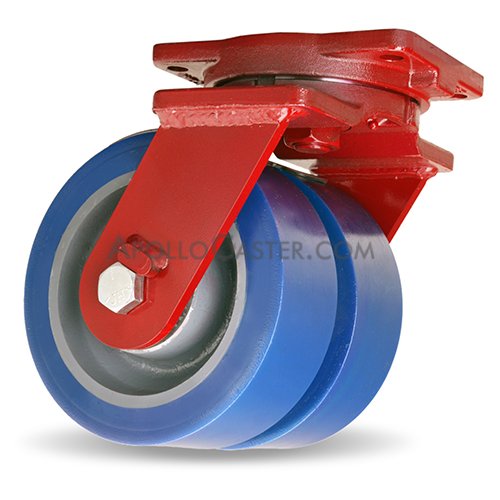 Caster; Swivel; 8\" x 3\"; PolyU (1\"; 85A) on Steel; Plate (6-1/8\"x7-3/8\": holes: 4-1/8\"x6-1/8\"; 9/16\" bolt); Red Painted; Prec Ball Brngs; 4800#; Ergonomic (Item #63442)