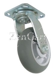(image for) Caster; Swivel; 6" x 2"; ThermoPlastic Rubber; Round (Gray); Plate; 4"x4-1/2"; holes: 2-5/8"x3-5/8" (slots to 3"x3"); 3/8" bolt; Roller Brng; 550#; Swivel Lock (Item #62892)