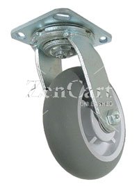 (image for) Caster; Swivel; 5" x 2"; ThermoPlastic Rubber Donut (Gray); Plate (4"x4-1/2"; holes: 2-5/8"x3-5/8" slots to 3"x3"; 3/8" bolt); Stainless; Roller Brng; 350# (Item #63490)