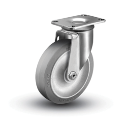 Caster; Swivel; 2-1/2" x 1-1/4"; Performa Rubber; Plate (3-1/8"x4-1/8"; holes: 2-3/8"x3-3/8" slots to 3-7/16"; 5/16" bolt); Ball Brng; 140# (Item #63784)