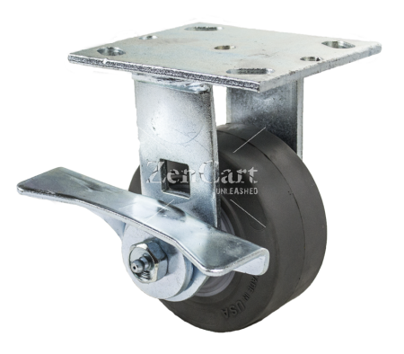 (image for) Caster; Rigid; 4" x 2"; Thermoplastized Rubber (Gray); Plate (4"x4-1/2"; holes: 2-5/8"x3-5/8" slotted to 3"x3"; 3/8" bolt); Zinc; Roller Brng; 300#; Cam Brake (Item #64731)