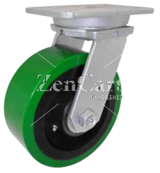 (image for) Caster; Swivel; 12"x4"; PolyU on Cast Iron (Green); Plate (6-1/4"x7-1/2": holes: 4-1/8x6 slots to 4-1/2x6-1/8; 1/2 bolt); Zinc; Rlr Brng; 5800#; Swivel Lock (Item #66930)