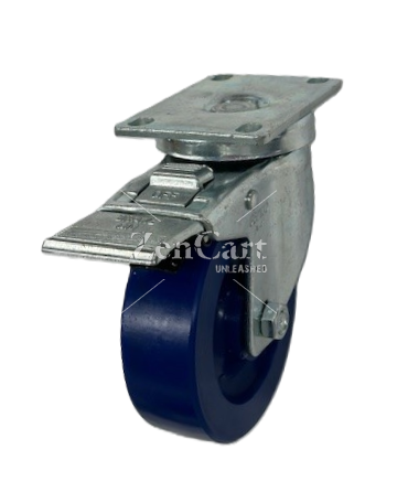 (image for) Caster; Swivel; 4" x 1-1/4"; Polyurethane (Solid); Plate (2-5/8"x3-3/4"; holes: 1-3/4"x2-3/4" slots to 3"; 5/16" bolt); Zinc; 300#; Dust Cover; Total Lock Brake (Item #63899)