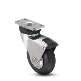 (image for) Caster; Std; Swiv; 3" x 15/16"; Rubber; Soft; Plate; 1-1/4"x2-3/8"; holes: 13/16"x1-1/4"; 3/16" bolt; Chrome; Prec Ball Brng; Hooded; Brake; Thread Guards; 110# (Item #65775)