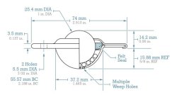 (image for) Ball Transfer; 1" 420 Stainless Steel; Housing (74mm diameter flange: 2 holes: 2-5/16" apart); 410 Stainless; 120#; Weep Hole(s); 5/8" inch profile; Warranty (Item #87038)