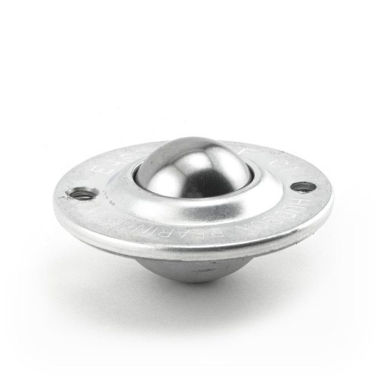 Ball Transfer; Low Profile; 1\" Stainless Steel ball; Round Flange (2-1/4\" diameter: two holes: 1-3/4\" inch apart); Carbon Steel housing; 75#; 5/8\" inch profile (Item #89099)