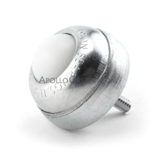 (image for) Ball Transfer; 1" Ball; Nylon; Threaded Stud; 1/4"-20TPI x 11/16"; Stainless steel w/ zinc-plated cup and stud; 35#; 1-3/8 load height (Item #89450) - Click Image to Close
