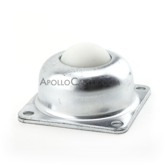 Ball Transfer; 1-1/2\"; Nylon Main Ball; Flange (3\" x 3\"; holes: 2-7/16\" x 2-7/16\"; 1/4\" bolt); Zinc; 250#; 1-13/16\" load height (Item #89665)