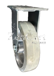 (image for) Caster; Rigid; 5" x 1-1/4"; Gray Rubber on Alum; Plate (2-1/2"x3-3/4"; holes: 1-3/4"x2-7/8" slots to 3"; 5/16" bolt); Zinc; Prec Ball Brngs; 250# (Item #62919)