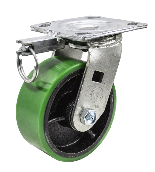 (image for) Caster; Swivel; 5\"x2\"; PolyU on Cast Iron; Plate (4\"x4-1/2\"; holes: 2-5/8\"x3-5/8\" slots to 3\"x3\"; 3/8\" bolt); Zinc; Roller Brng; 1200#; Position Lock (4-way) (Item #66699)