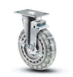 Caster; Swivel; 6"x1-1/4"; Polyurethane (Clear); Plate (2-5/8"x3-3/4"; holes: 1-3/4"x2-3/4" slotted to 3"; 5/16" bolt); Zinc; Ball Brng; 300#; Dustcap; Brake (Item #64752)