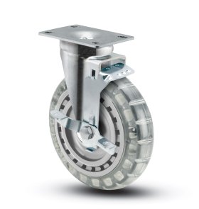 Caster; Swivel; 6"x1-1/4"; Polyurethane (Clear); Plate (2-5/8"x3-3/4"; holes: 1-3/4"x2-3/4" slotted to 3"; 5/16" bolt); Zinc; Ball Brng; 300#; Dustcap; Brake (Item #64752)
