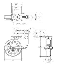 (image for) Caster; Swivel; 6"x3"; Ductile Steel; Plate (4-1/2x6-1/4; holes: 2-7/16x4-15/16 slots to 3-3/8x5-1/4); Roller Brng; 6000#; KpinLess; Face Brake; Pos Lock (Item #63067)