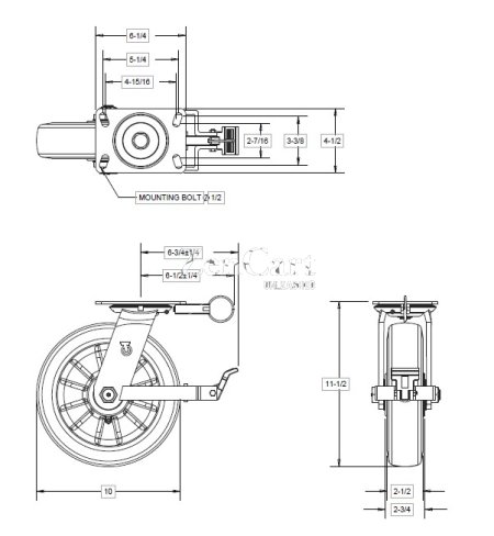 (image for) Caster; Swivel; 6"x3"; Ductile Steel; Plate (4-1/2x6-1/4; holes: 2-7/16x4-15/16 slots to 3-3/8x5-1/4); Roller Brng; 6000#; KpinLess; Face Brake; Pos Lock (Item #63067)