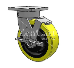 (image for) Caster; Swivel; 6" x 2"; PolyU (1/2"; 95A) on Cast; Plate (4"x4-1/2"; holes: 2-5/8"x3-5/8" slots to 3"x3"; 3/8" bolt); 6203 Prec BBs; 2000#; Kingpinless; Brake (Item #63253)