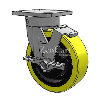 (image for) Caster; Swivel; 6" x 2"; PolyU (1/2"; 95A) on Cast; Plate (4"x4-1/2"; holes: 2-5/8"x3-5/8" slots to 3"x3"; 3/8" bolt); 6203 Prec BBs; 2000#; Kingpinless; Brake (Item #63253)