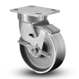 Caster; Swivel; 6x2; Cast Iron; Plate (4-1/2x6-1/4; holes: 2-7/16x4-15/16 slotted to 3-3/8x5-1/4; 1/2 bolt); Zinc; Roller Brng; 1400#; Brake; Kingpinless (Item #67350)