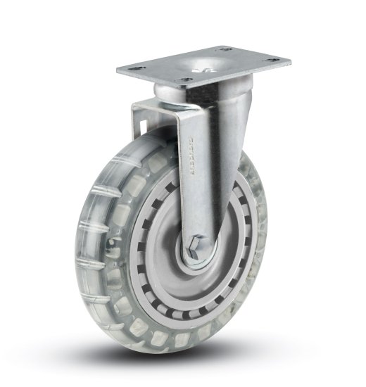 (image for) Caster; Swivel; 6\"x1-1/4\"; Polyurethane (Clear); Plate (2-5/8\"x3-3/4\"; holes: 1-3/4\"x2-3/4\" slotted to 3\"; 5/16\" bolt); Zinc; Ball Brng; 300#; Dustcap (Item #64754)