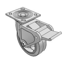 (image for) Caster; Swivel; 5" x 2"; PolyU on Cast Iron; Plate (4"x4-1/2"; holes: 2-5/8"x3-5/8" slotted to 3"x3"; 3/8" bolt); Zinc; Roller Brng; 1100#; Pedal Wheel brake (Item #64686)