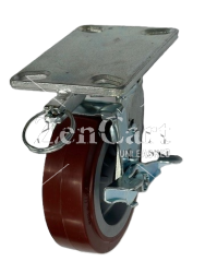 (image for) Caster; Swivel; 8" x 2"; PolyU on PolyO; Plate (4"x4-1/2"; holes: 2-5/8"x3-5/8" slots to 3"x3"; 3/8" bolt); Roller Brng; 1250#; Tread brake; Position Lock (Item #66582)
