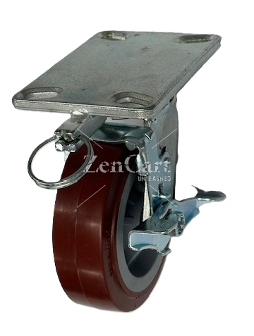 (image for) Caster; Swivel; 6"x2"; Red PolyU/PolyO; Plate; 4-1/2"x6-1/4"; holes: 2-7/16"x4-15/16" (to 3-3/8"x5-1/4"); 1/2" bolt; Rlr brg; 900#; 4 Pos lock; tread brake (Item #66591)