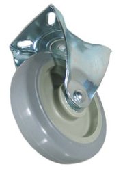 Caster; Rigid; 2" x 15/16"; PolyU on PolyO (Gray); Plate (1-1/2" x 2-5/8"; holes: 15/16" x 2-1/8"; 1/4" bolt); Zinc; Plain bore; 120# (Item #65146)