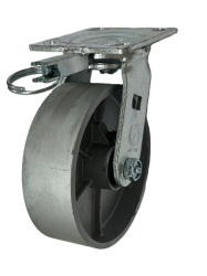 Caster; Swiv; 8 x 2-1/2; Cast Iron; Plate; 4-1/2x6-1/4; holes: 2-7/16x4-15/16 (slotted to 3-3/8x5-1/4); 1/2 bolt; Roller Brng; Wgt Cap: 1800#; Position Lock (Item #65904)