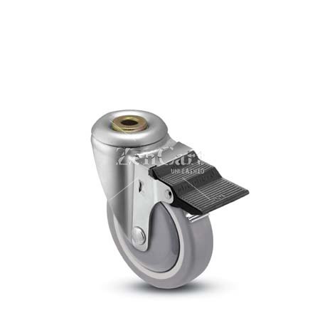 (image for) Caster; Swivel; 4"x1-1/4"; PolyU on PolyO (Gray); Hollow Kingpin (1/2 bolt); Zinc; Prec Ball Brng; 300#; Pedal Wheel Brake; Bearing Covers (Item #67365)