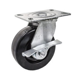 Caster; Swivel; 8" x 2"; HD Nylon; Slight Crown; Plate (4"x4-1/2"; holes: 2-5/8"x3-5/8" slots to 3"x3"; 3/8" bolt); Roller Brngs; 1250#; Warranty; Cam Brake (Item #63020)