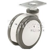(image for) Caster; Twin Wheel; Swivel; 100mm; Polyurethane; Plate (2-1/2"x3-5/8": holes: 1-3/4"x2-13/16" (slotted to 3-1/16"); 5/16" bolt); Gray/ White; Prec BB; 220# (Item #65945)