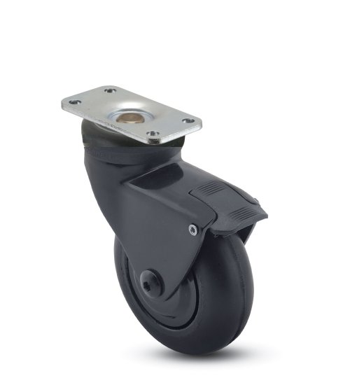(image for) Caster; Swivel; 3\" x 15/16\"; Rubber (Soft; non-marking); Plate (1-1/4\" x 2-3/8\"; holes: 13/16\" x 1-1/4\"; 3/16\" bolt); Black; Prec Ball Brng; 110#; Pedal Brake (Item #65650)