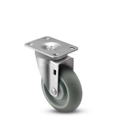 Caster; Swivel; 4" x 1-1/4"; Monotech Round (Gray); Plate (2-5/8"x3-3/4"; holes: 1-3/4"x2-3/4" slotted to 3"; 5/16" bolt); Zinc; Precision Ball Brng; 250# (Item #63693)