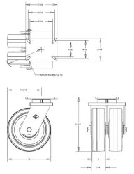 (image for) Caster; Swivel; 10" x Dual 3"; Phenolic; Plate (5-1/4"x7-1/4"; holes: 3-3/8"x5-1/4" slots to 4-1/8"x6-1/8"; 1/2" bolt); Roller Brng; 5800#; Kingpinless (Item #64362)