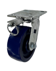 Caster; Swivel; 5" x 2"; Polyurethane (One piece solid); Plate (4"x4-1/2"; holes: 2-5/8"x3-5/8" slotted to 3"x3"; 3/8" bolt); Roller Brng; 900#; Position Lock (Item #68862)