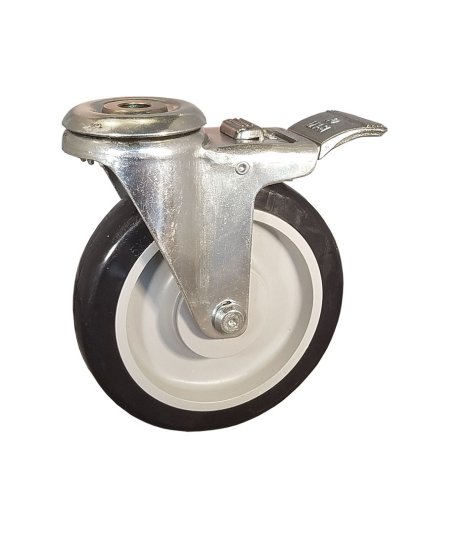 Caster; Swivel; 5\" x 1-1/4\"; PolyU on PolyO (Gray); Hollow Kingpin (1/2\" bolt hole); Zinc; Plain bore; 300#; Total Lock pedal brake (Item #65078)
