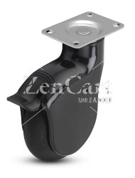 (image for) Caster; Swivel; 4 x 1-1/4; Neoprene Rubber (Black); Plate (2-5/8"x3-3/4"; holes:1-3/4"x2-3/4" slotted to 3"); Black Finish; Prec BB; 225#; Thread guards; Brake (Item #65386)