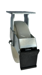 Caster; Rigid; 8" x 2"; Nylon; Plate (4"x4-1/2"; holes: 2-5/8"x3-5/8" slots to 3"x3"; 3/8" bolt); Zinc; Roller Brngs; 1250#; Face Brake (Item #63032)