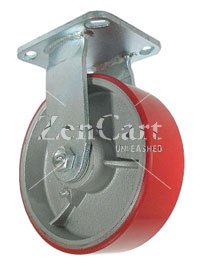 (image for) Caster; Rigid; 8 x 3; PolyU on Cast Iron (Rd/Grey); Plate; 4-1/2x6-1/4; holes: 2-7/16x4-15/16 (slotted to 3-3/8x5-1/4); 1/2 bolt; Roller brng; 2000# (Item #68767)