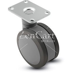 (image for) Caster; Twin Wheel; 100mm (4"); Polyurethane; Top Plate (2-5/8"x3-3/4"; holes: 1-3/4"x2-3/4" slotted to 3"; 5/16" bolt); Gray; Steel Axle; 225# (Item #67359)