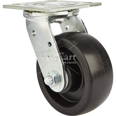 (image for) Caster; Swivel; 5" x 2"; Polyolefin; Plate (4"x4-1/2"; holes: 2-5/8"x3-5/8" slots to 3"x3"; 3/8" bolt); Zinc; Delrin Bushing; 800# (Item #67819)