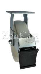 (image for) Caster; Rigid; 8" x 2"; Nylon; Plate (4"x4-1/2"; holes: 2-5/8"x3-5/8" slots to 3"x3"; 3/8" bolt); Zinc; Roller Brngs; 1250#; Face Brake (Item #63032)