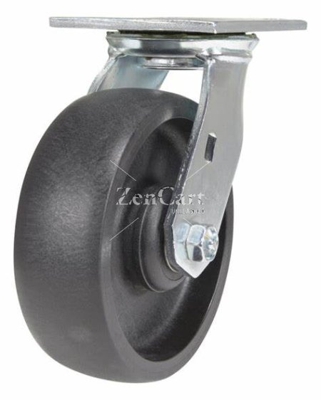 (image for) Caster; Swivel; 4" x 1-1/4"; Glass/ Nylon Hi-Temp (Bk); Plate (2-1/2"x3-5/8"; holes: 1-3/4"x2-7/8" slotted to 3"; 5/16" bolt); Zinc; Steel Spanner; 350# (Item #63420)