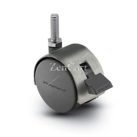 (image for) Caster; Twin; Swivel; 2" (50mm); Nylon; Threaded Stem; 5/16"-18TPI x 1/2" high; Satin Chrome; Zinc Body; 75#; Wheel Brake; Hood (Item #67712)