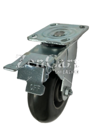 (image for) Caster; Swivel; 6" x 2"; Donut Rubber on Alum; Plate; 4"x4-1/2"; holes: 2-5/8"x3-5/8" (slots to 3"x3"); 3/8" bolt; Roller Brng; 400#; Trailing Total Lock Brake (Item #63881)